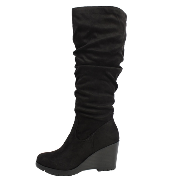 Shoes - Size 6 Black Faux Suede Slouchy Stacked Wedge Knee